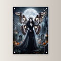 Die Mottenkönigin – Königin mit Mottenflügeln im schwarzen Spitzenkleid auf dem Friedhof im Vollmond, auf Acrylglas mit Edelstahl-Abstandshaltern, gerade von vorn an heller Wand