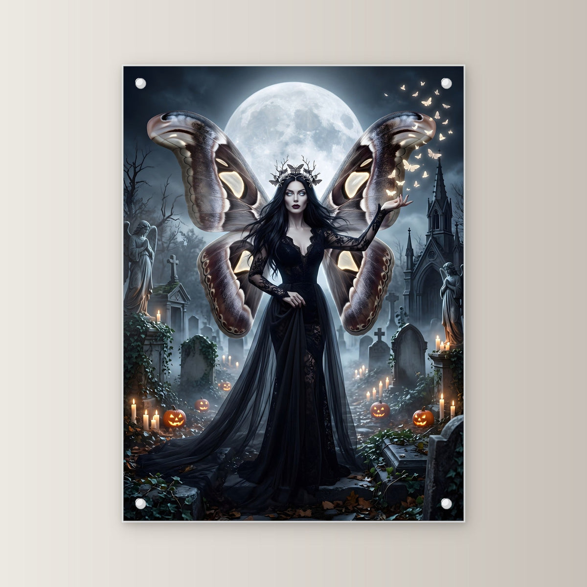 Die Mottenkönigin – Königin mit Mottenflügeln im schwarzen Spitzenkleid auf dem Friedhof im Vollmond, auf Acrylglas mit Edelstahl-Abstandshaltern, gerade von vorn an heller Wand