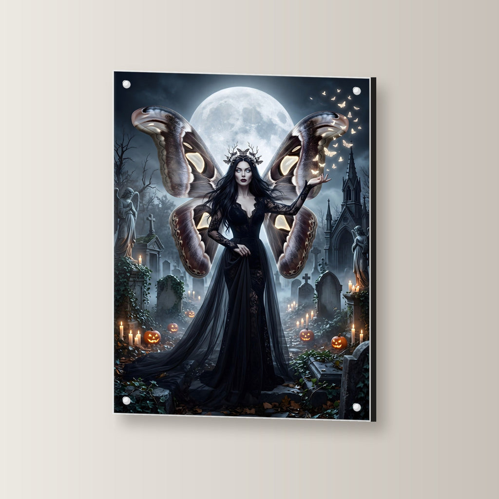 Die Mottenkönigin – Königin mit Mottenflügeln im schwarzen Spitzenkleid auf dem Friedhof im Vollmond, auf Acrylglas mit Edelstahl-Abstandshaltern, leicht gedreht an der Wand