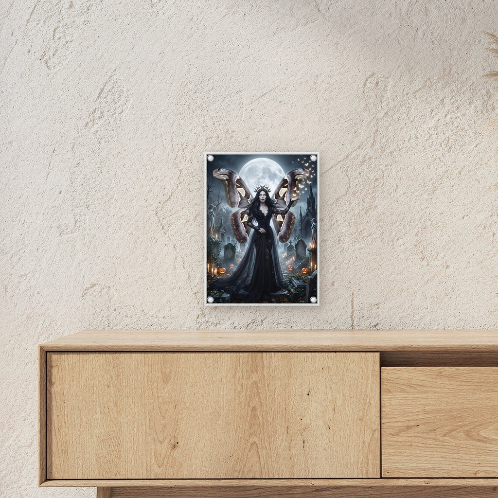 Die Mottenkönigin – Königin mit Mottenflügeln im schwarzen Spitzenkleid auf dem Friedhof im Vollmond, auf Acrylglas mit Edelstahl-Abstandshaltern, über einem Sideboard, zeigt die Größe im Raum