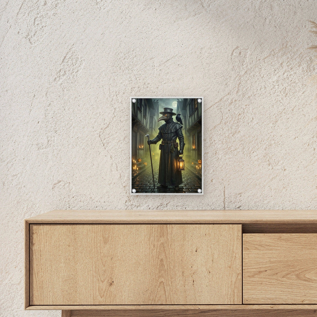 Der Pestdoktor – Pestdoktor mit Schnabelmaske, Laterne und Rabe in der nebligen Gasse, auf Acrylglas mit Edelstahl-Abstandshaltern, über einem Sideboard, zeigt die Größe im Raum