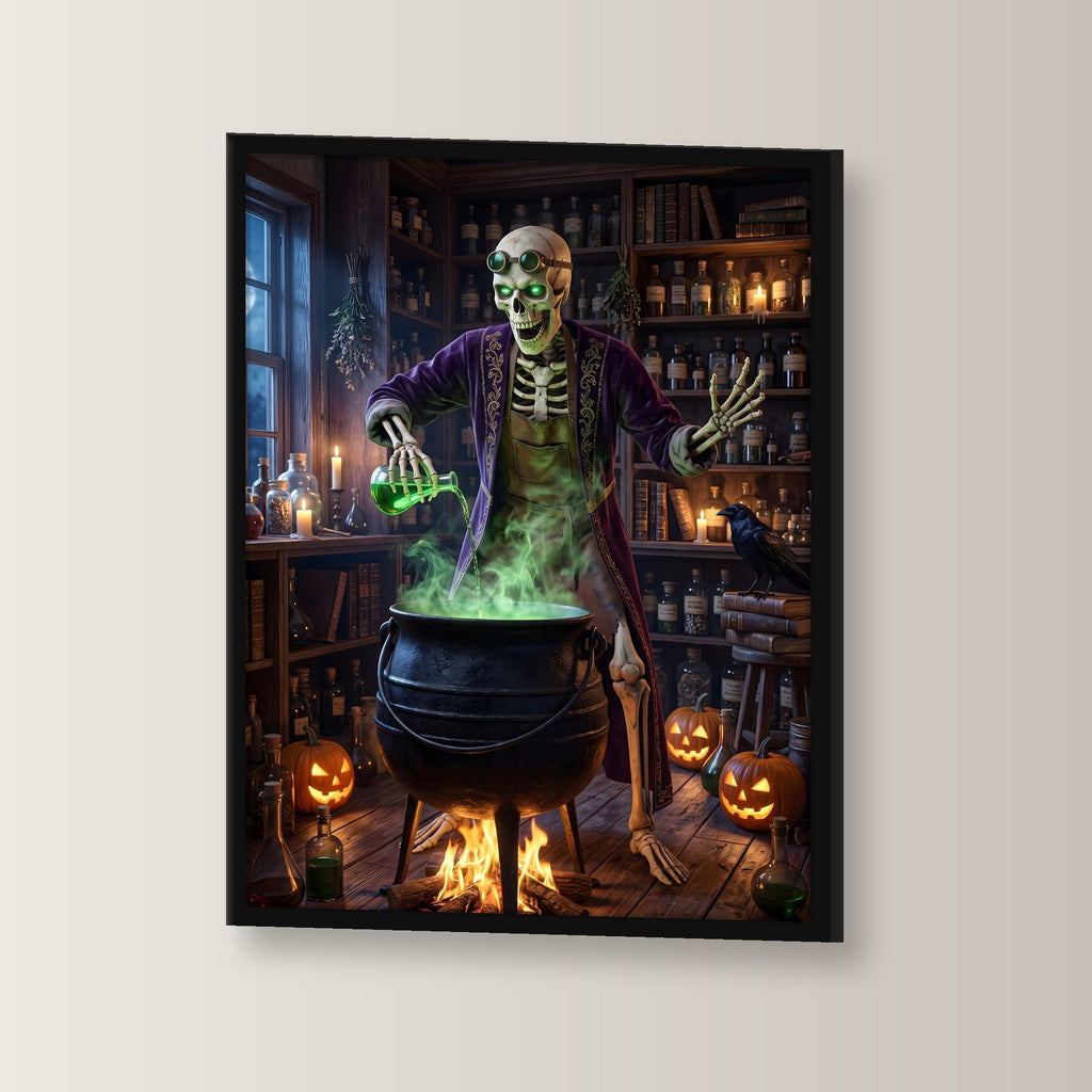 Der Alchemist – Skelett braut grünen Trank am Kessel in der Hexenküche, im schwarzen Holzrahmen, leicht gedreht an der Wand