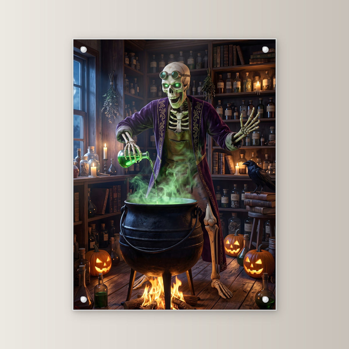Der Alchemist – Skelett braut grünen Trank am Kessel in der Hexenküche, auf Acrylglas mit Edelstahl-Abstandshaltern, gerade von vorn an heller Wand