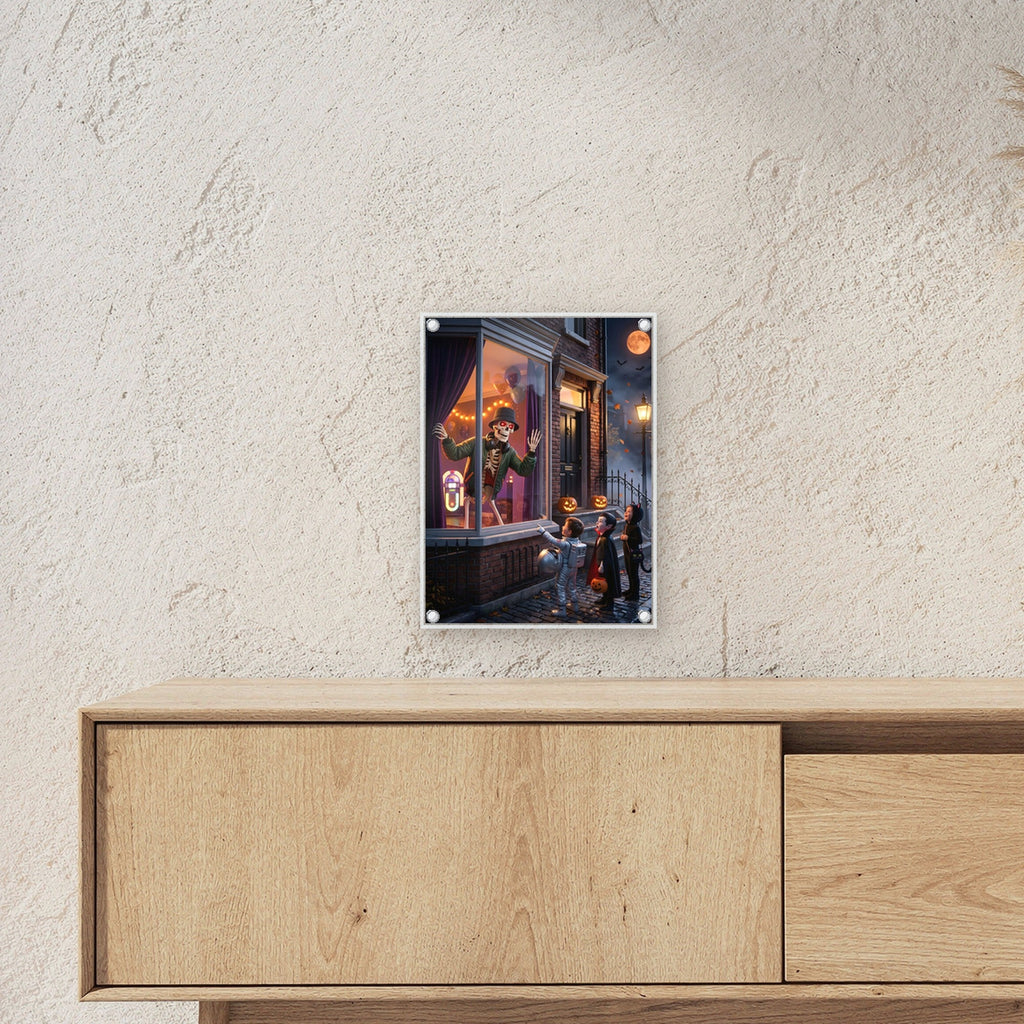 Süßes oder Saures – Skelett erschreckt die Kinder im Kostüm aus dem Fenster am Backsteinhaus, auf Acrylglas mit Edelstahl-Abstandshaltern, über einem Sideboard, zeigt die Größe im Raum