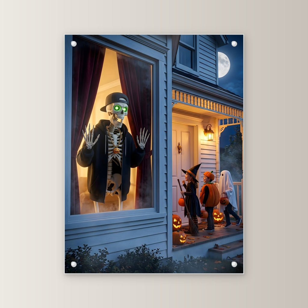 Der Fenstergast – Skelett mit Basecap winkt aus dem Fenster den Kindern im Kostüm auf der Veranda, auf Acrylglas mit Edelstahl-Abstandshaltern, gerade von vorn an heller Wand