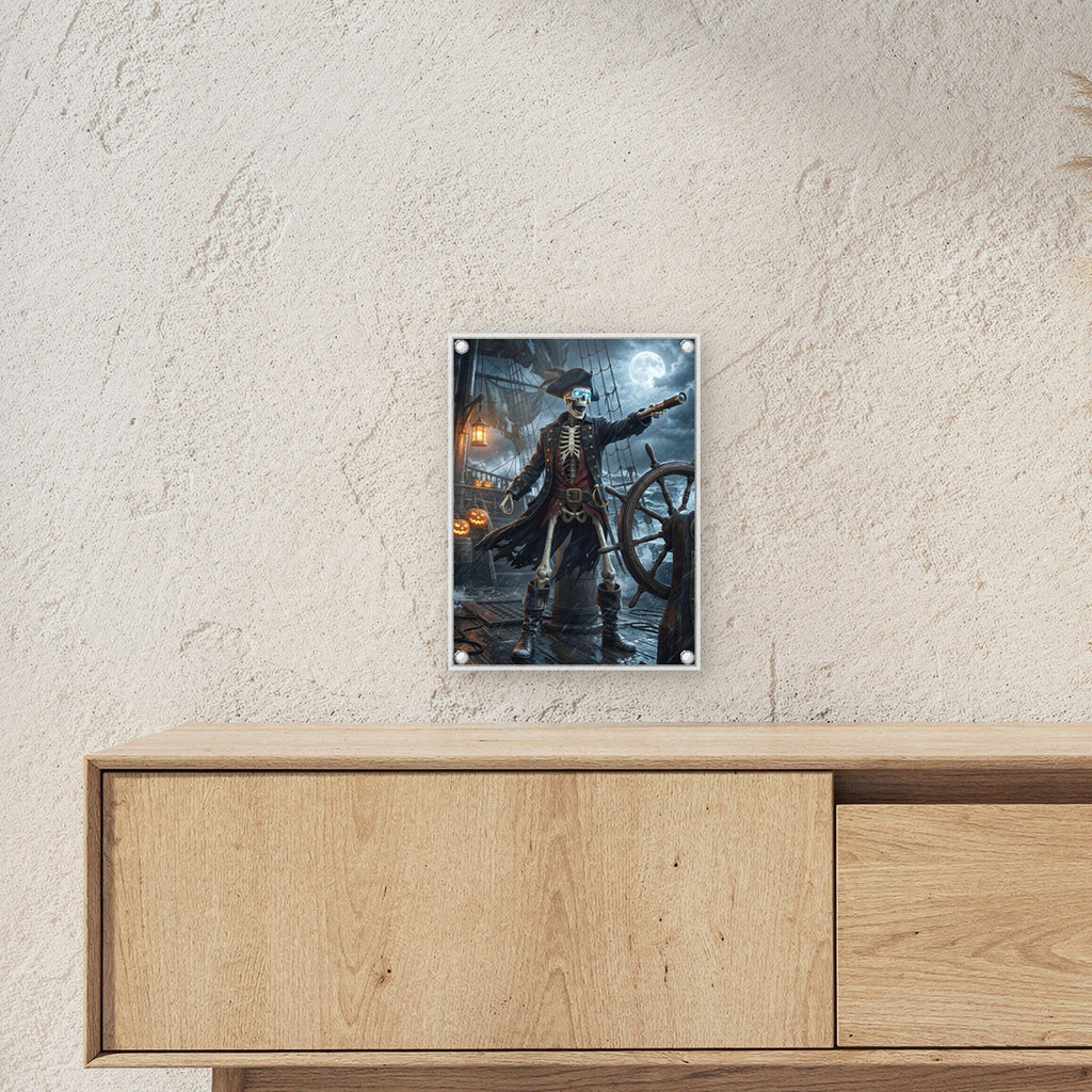 Der Knochenkapitän – Skelett-Kapitän mit Fernrohr am Steuerrad seines Schiffs im Sturm, auf Acrylglas mit Edelstahl-Abstandshaltern, über einem Sideboard, zeigt die Größe im Raum