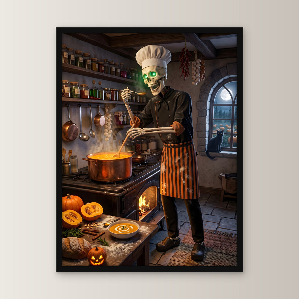 Der Suppenkoch – Skelett mit Kochmütze rührt Kürbissuppe in der alten Küche, im schwarzen Holzrahmen, gerade von vorn an heller Wand
