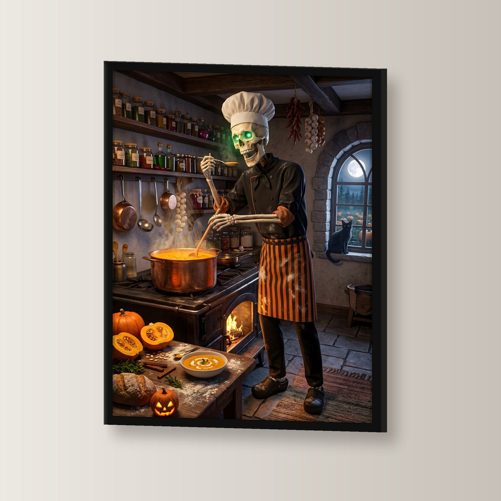 Der Suppenkoch – Skelett mit Kochmütze rührt Kürbissuppe in der alten Küche, im schwarzen Holzrahmen, leicht gedreht an der Wand