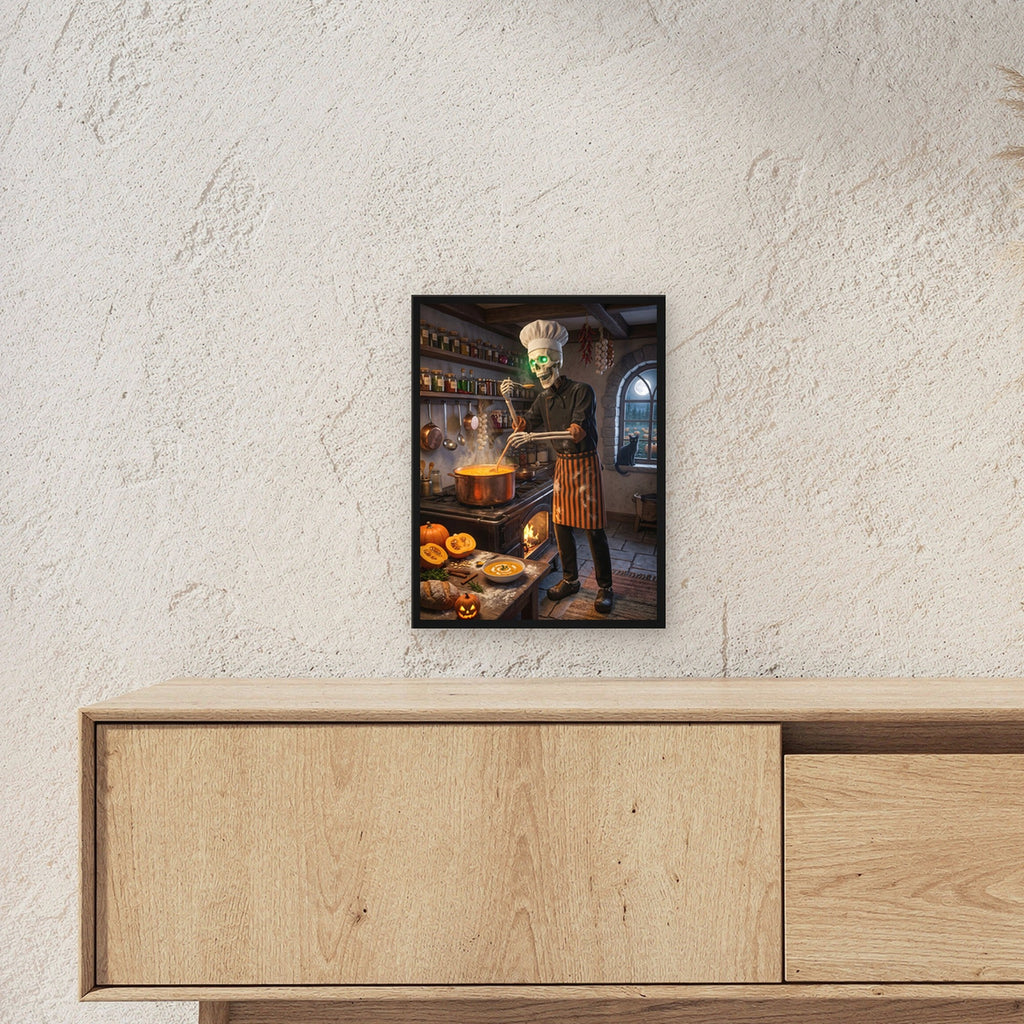 Der Suppenkoch – Skelett mit Kochmütze rührt Kürbissuppe in der alten Küche, im schwarzen Holzrahmen, über einem Sideboard, zeigt die Größe im Raum