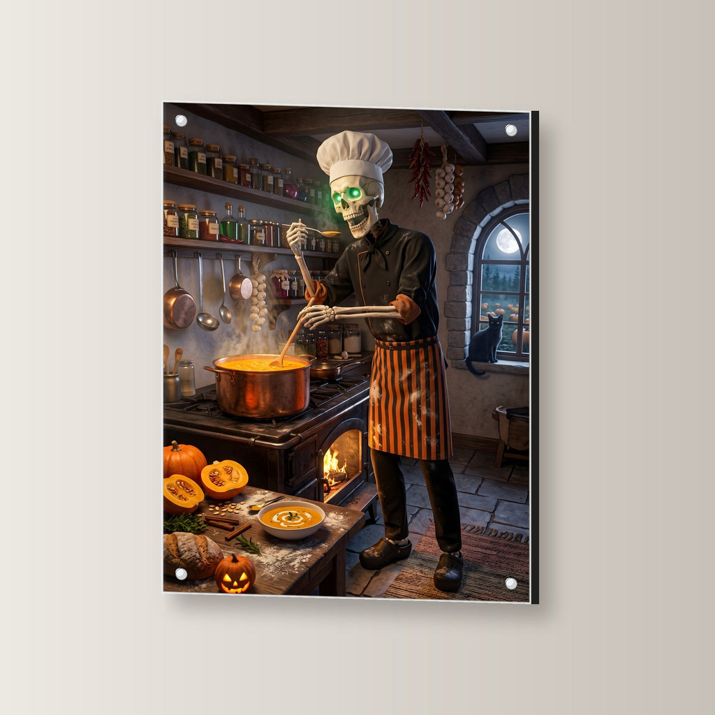 Der Suppenkoch – Skelett mit Kochmütze rührt Kürbissuppe in der alten Küche, auf Acrylglas mit Edelstahl-Abstandshaltern, leicht gedreht an der Wand