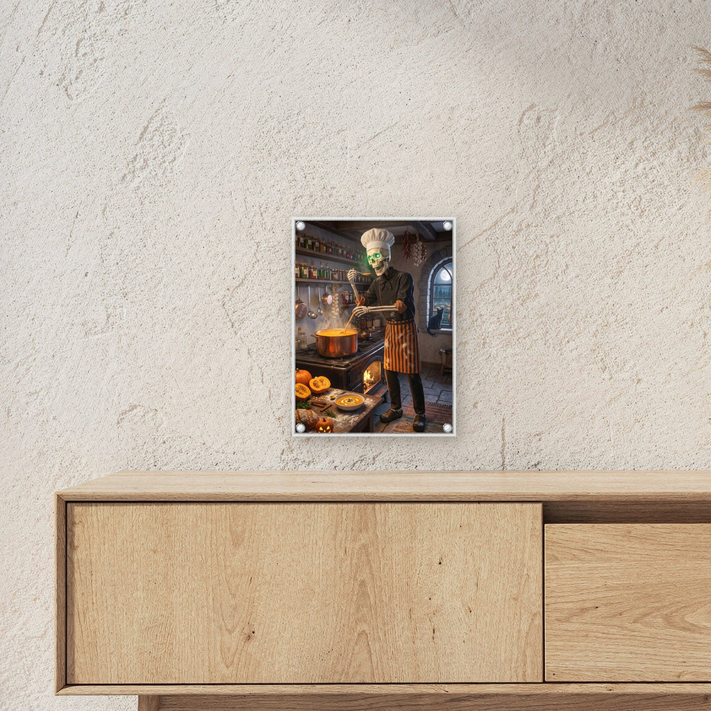 Der Suppenkoch – Skelett mit Kochmütze rührt Kürbissuppe in der alten Küche, auf Acrylglas mit Edelstahl-Abstandshaltern, über einem Sideboard, zeigt die Größe im Raum
