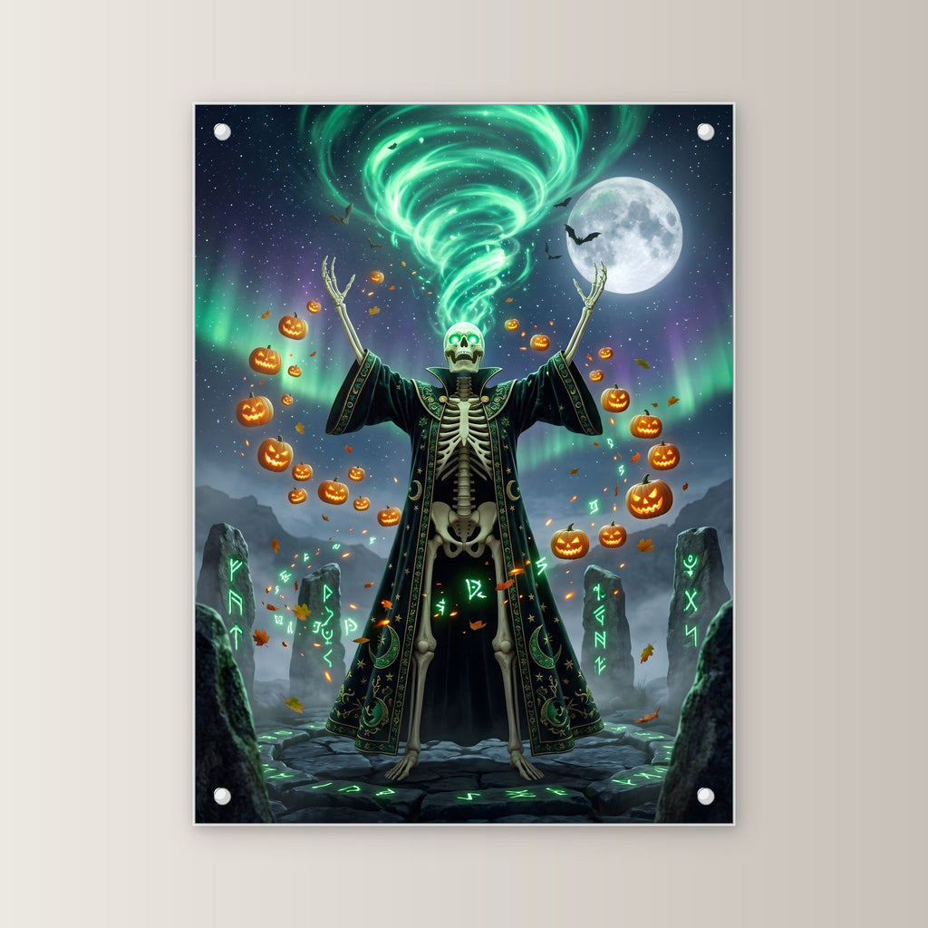Der Steinkreis-Beschwörer – Skelett-Magier beschwört grünen Wirbel im Steinkreis unter dem Nordlicht, auf Acrylglas mit Edelstahl-Abstandshaltern, gerade von vorn an heller Wand