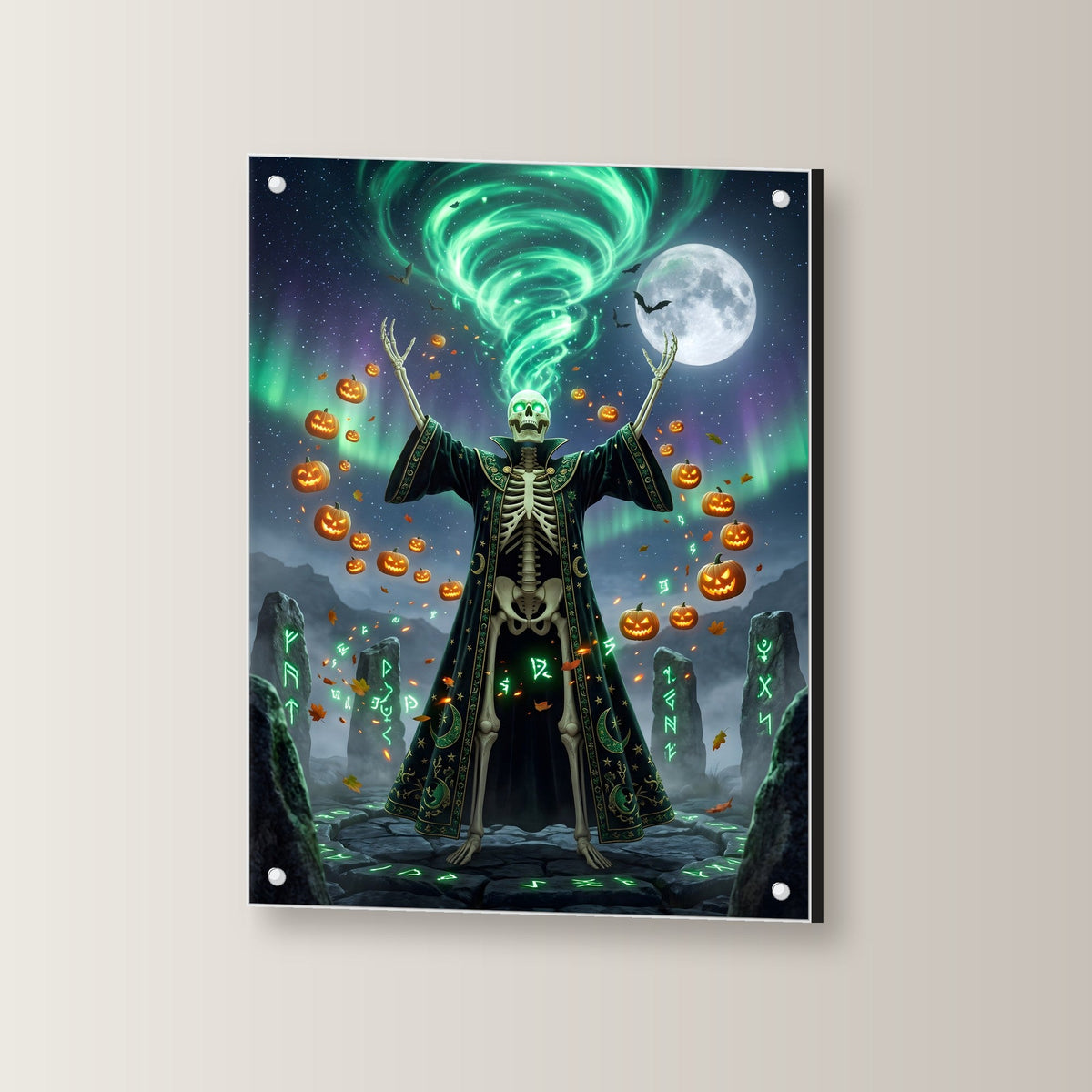 Der Steinkreis-Beschwörer – Skelett-Magier beschwört grünen Wirbel im Steinkreis unter dem Nordlicht, auf Acrylglas mit Edelstahl-Abstandshaltern, leicht gedreht an der Wand