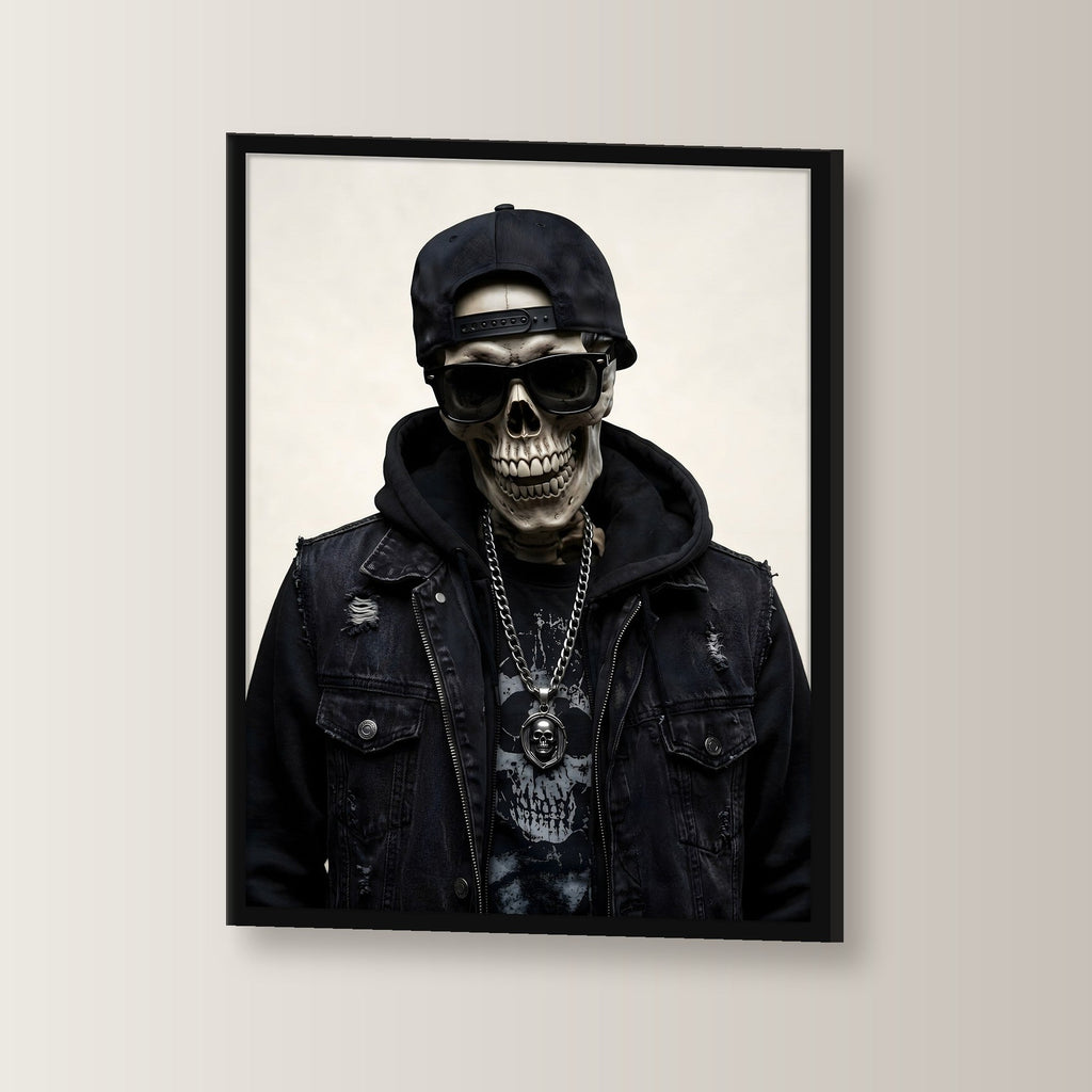 Das Silber-Skelett – Skelett mit Cap, Sonnenbrille und Silberkette, im schwarzen Holzrahmen, leicht gedreht an der Wand