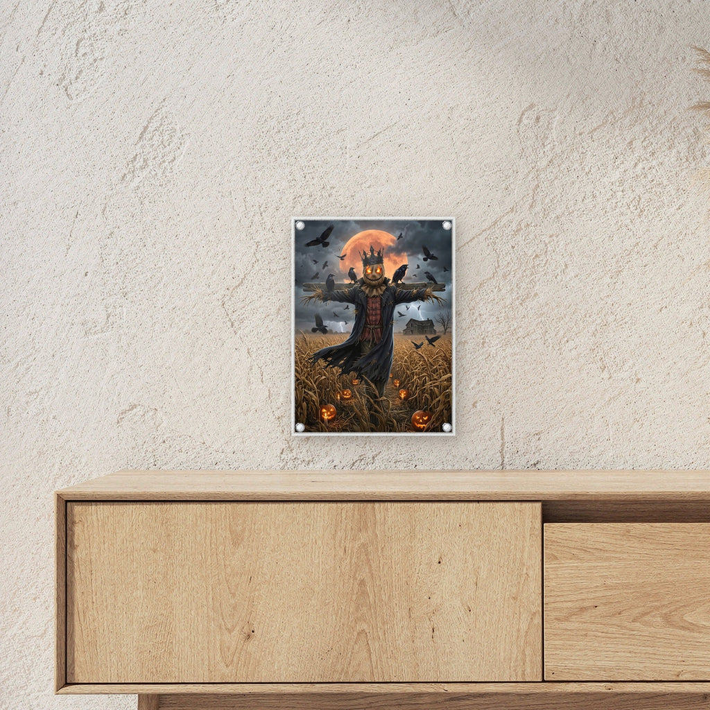 Der Vogelscheuchen-König – Vogelscheuche mit Krone und glühenden Augen auf dem Maisfeld voller Raben, auf Acrylglas mit Edelstahl-Abstandshaltern, über einem Sideboard, zeigt die Größe im Raum