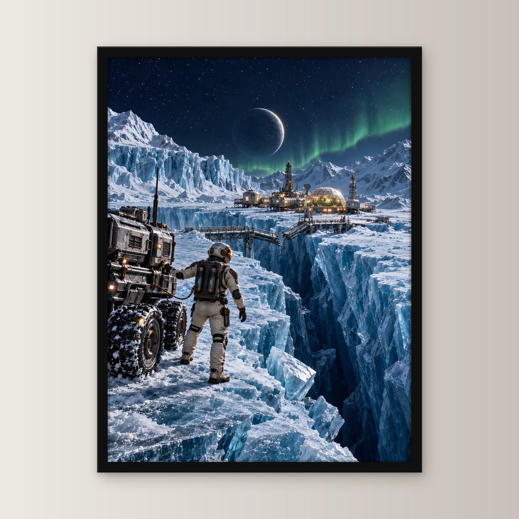 Die Eisbrücke – Astronaut an einer gebrochenen Eisbrücke vor einer Forschungsstation, im schwarzen Holzrahmen, gerade von vorn an heller Wand