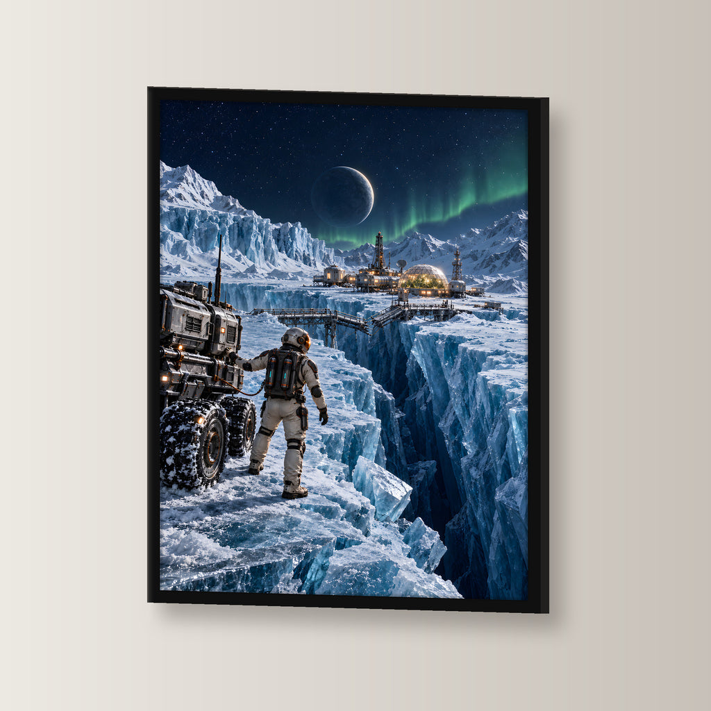 Die Eisbrücke – Astronaut an einer gebrochenen Eisbrücke vor einer Forschungsstation, im schwarzen Holzrahmen, leicht gedreht an der Wand