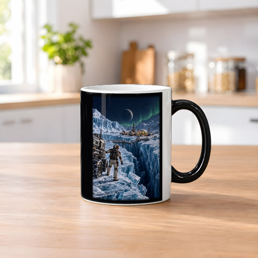 Die Eisbrücke – Astronaut an einer gebrochenen Eisbrücke vor einer Forschungsstation, Black Edition (Zaubertasse), auf einem Küchentresen