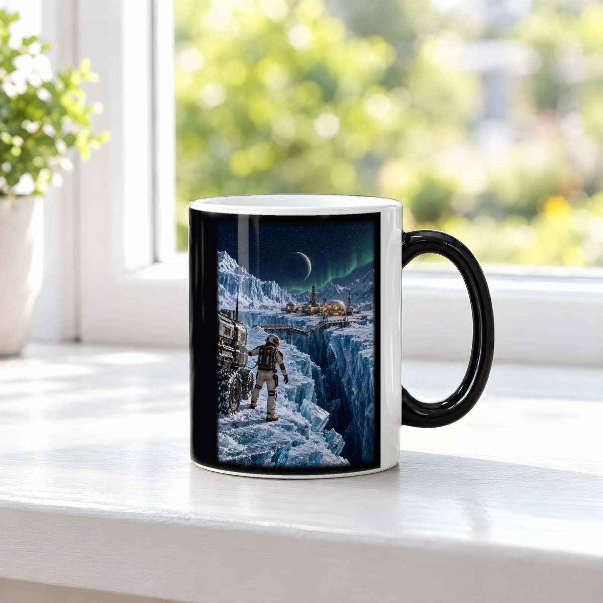 Die Eisbrücke – Astronaut an einer gebrochenen Eisbrücke vor einer Forschungsstation, Black Edition (Zaubertasse), auf einer Fensterbank