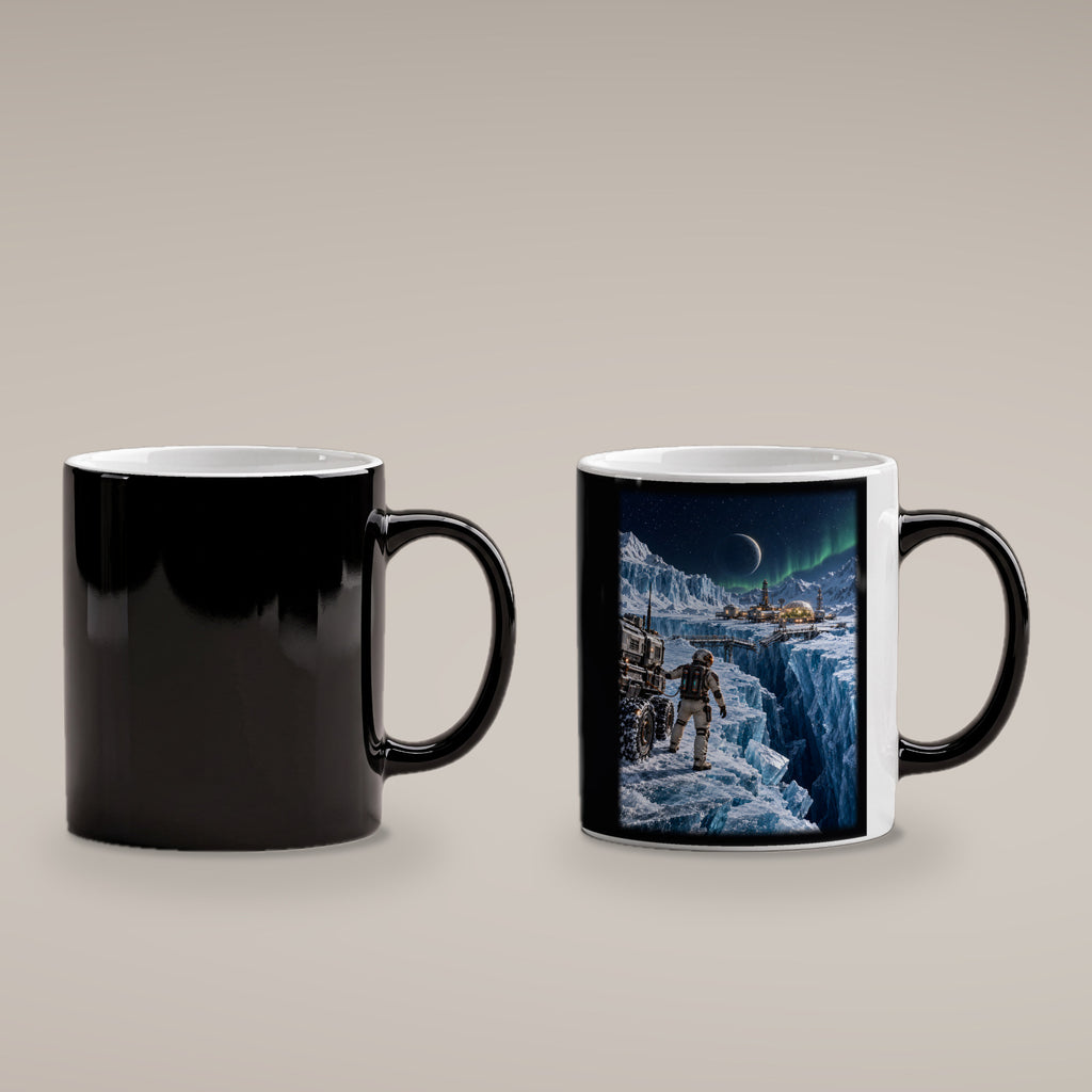 Die Eisbrücke – Astronaut an einer gebrochenen Eisbrücke vor einer Forschungsstation, Black Edition (Zaubertasse), kalt schwarz und heiß mit Motiv