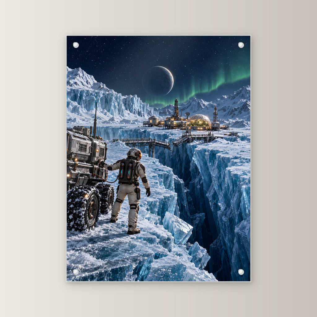 Die Eisbrücke – Astronaut an einer gebrochenen Eisbrücke vor einer Forschungsstation, auf Acrylglas mit vier Abstandshaltern, gerade von vorn an heller Wand