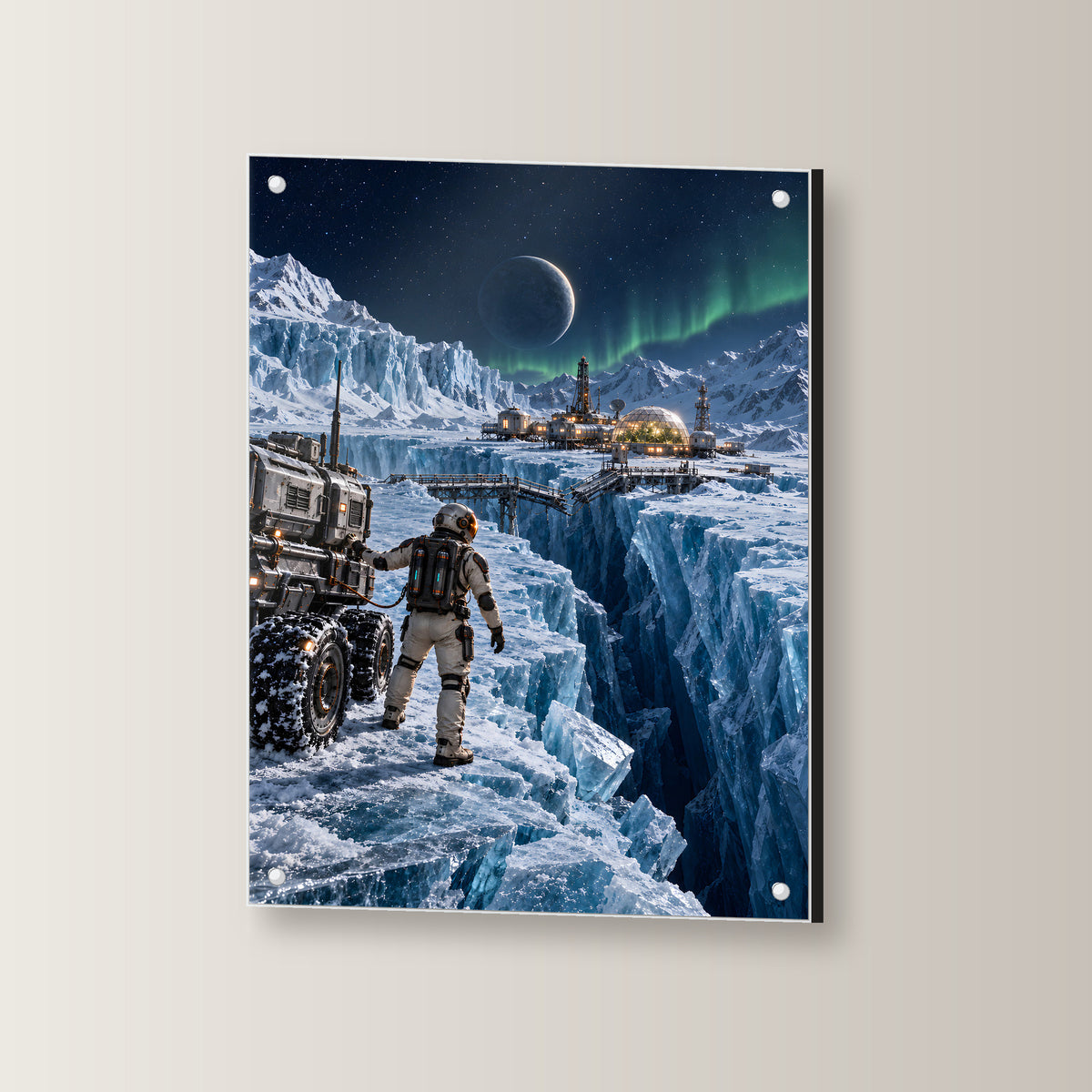 Die Eisbrücke – Astronaut an einer gebrochenen Eisbrücke vor einer Forschungsstation, auf Acrylglas mit vier Abstandshaltern, leicht gedreht an der Wand