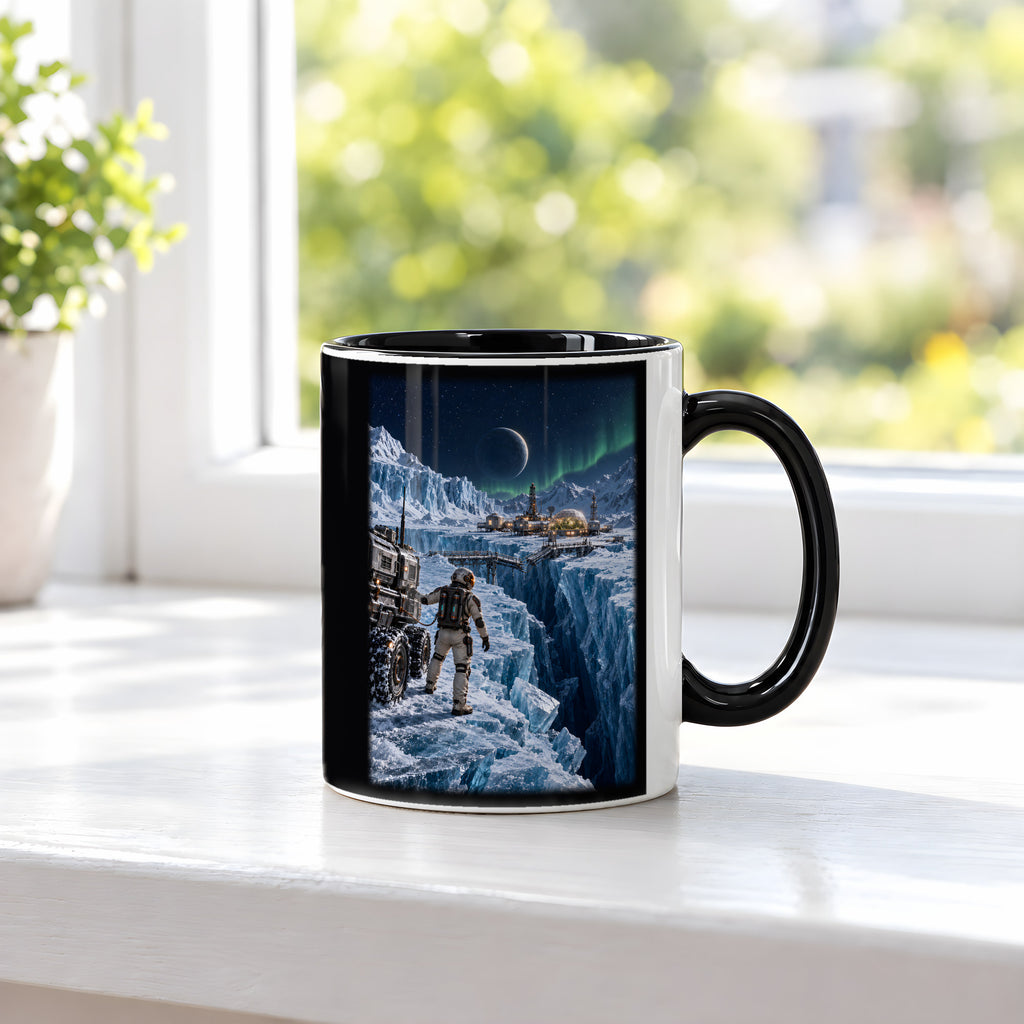 Die Eisbrücke – Astronaut an einer gebrochenen Eisbrücke vor einer Forschungsstation, Tasse Innen schwarz, auf einer Fensterbank