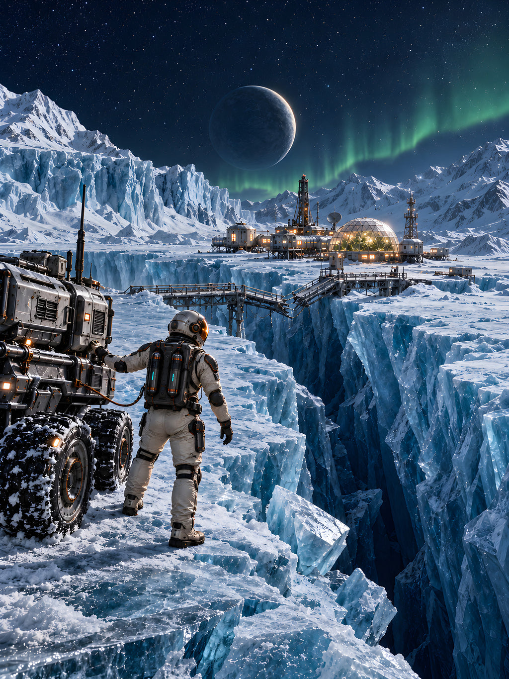 Die Eisbrücke – Astronaut an einer gebrochenen Eisbrücke vor einer Forschungsstation, vollständiges Motiv