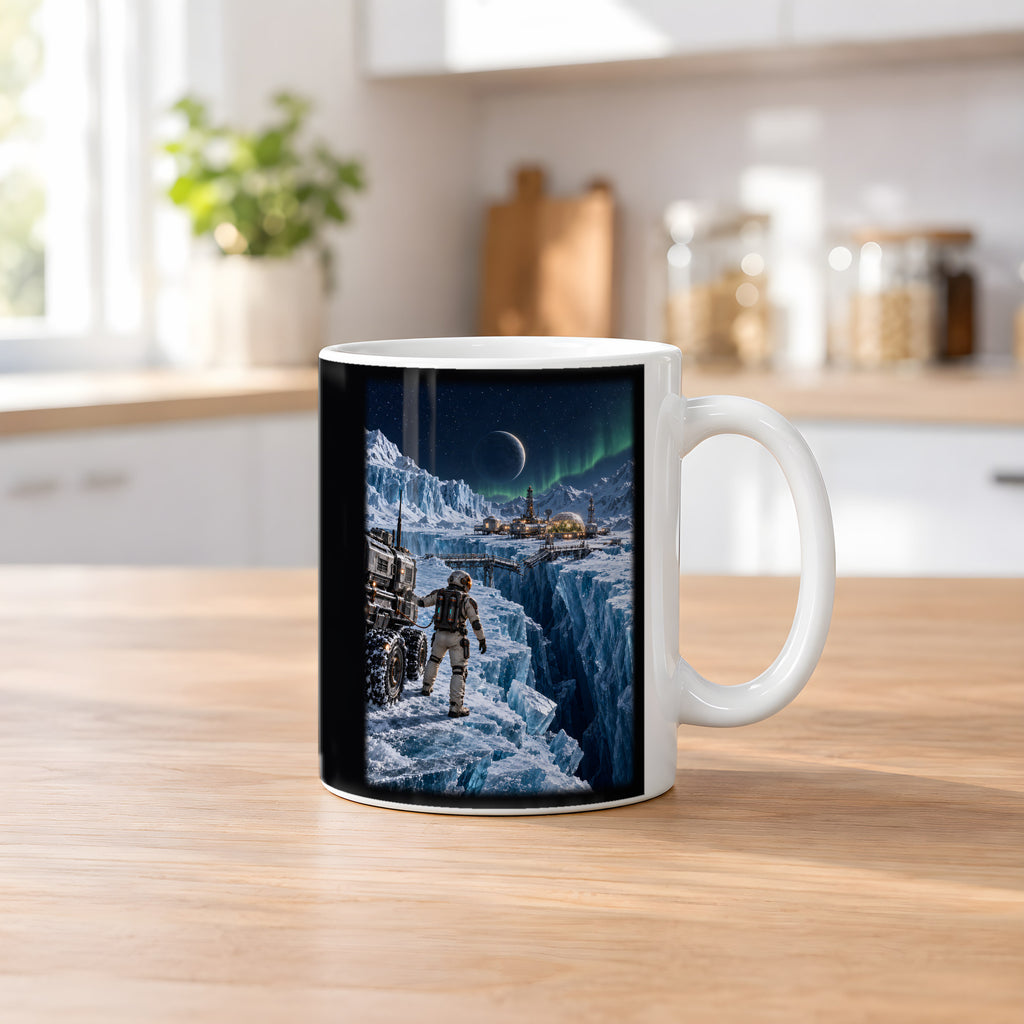 Die Eisbrücke – Astronaut an einer gebrochenen Eisbrücke vor einer Forschungsstation, Tasse Weiß, auf einem Küchentresen