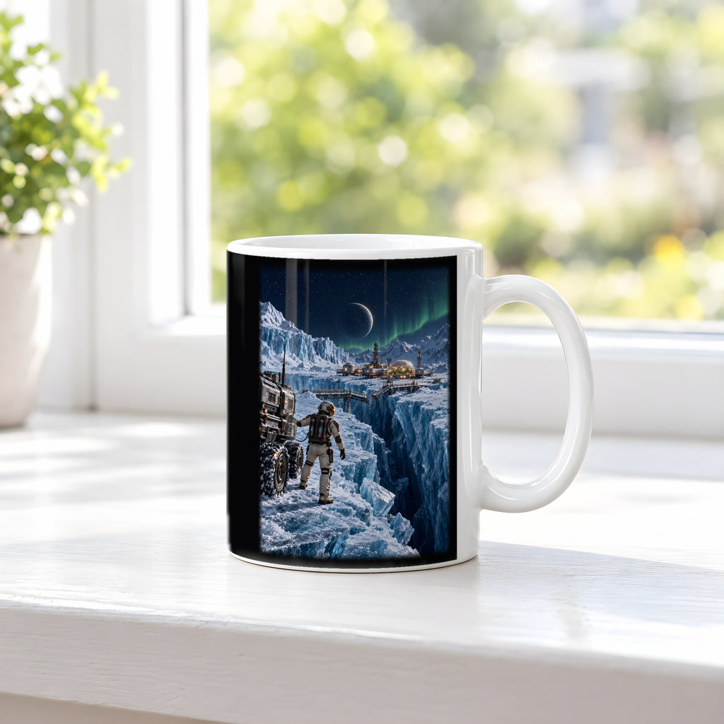 Die Eisbrücke – Astronaut an einer gebrochenen Eisbrücke vor einer Forschungsstation, Tasse Weiß, auf einer Fensterbank