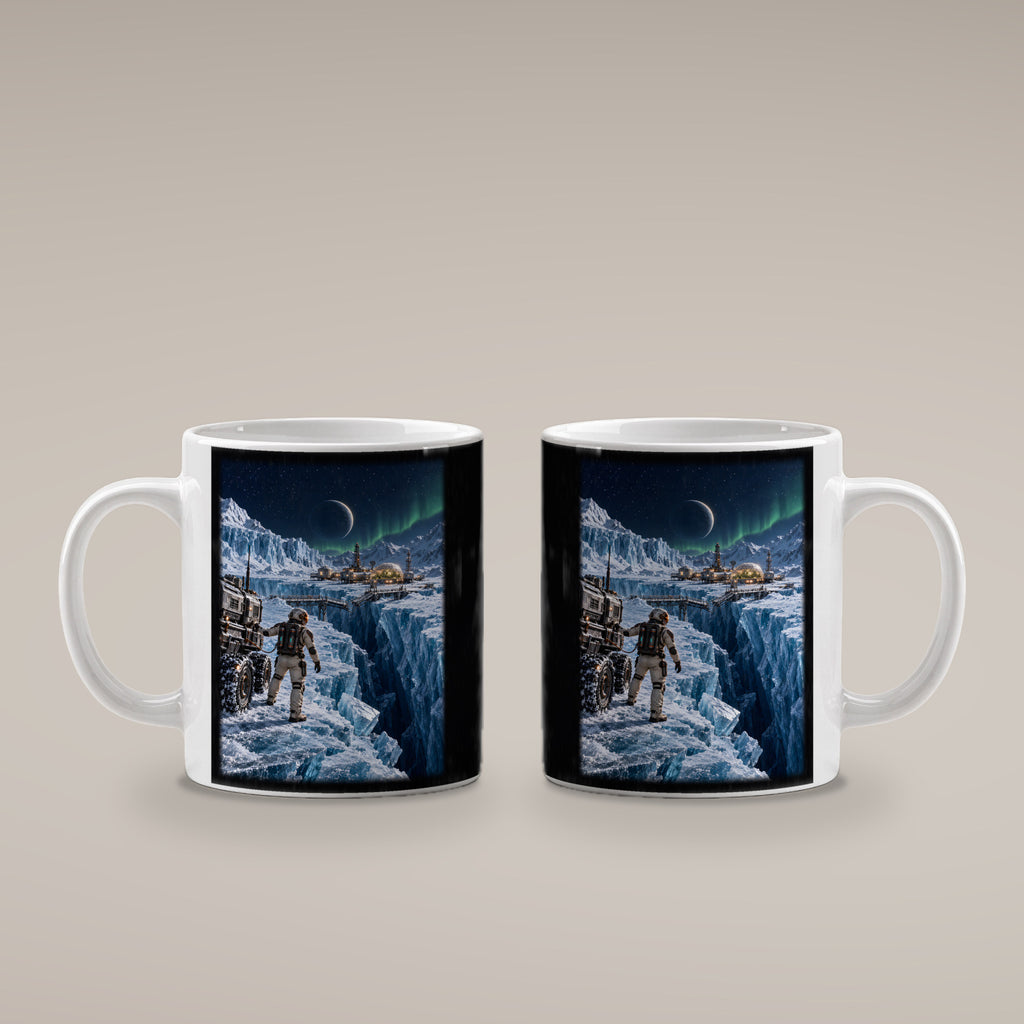 Die Eisbrücke – Astronaut an einer gebrochenen Eisbrücke vor einer Forschungsstation, Tasse Weiß, beide bedruckten Seiten