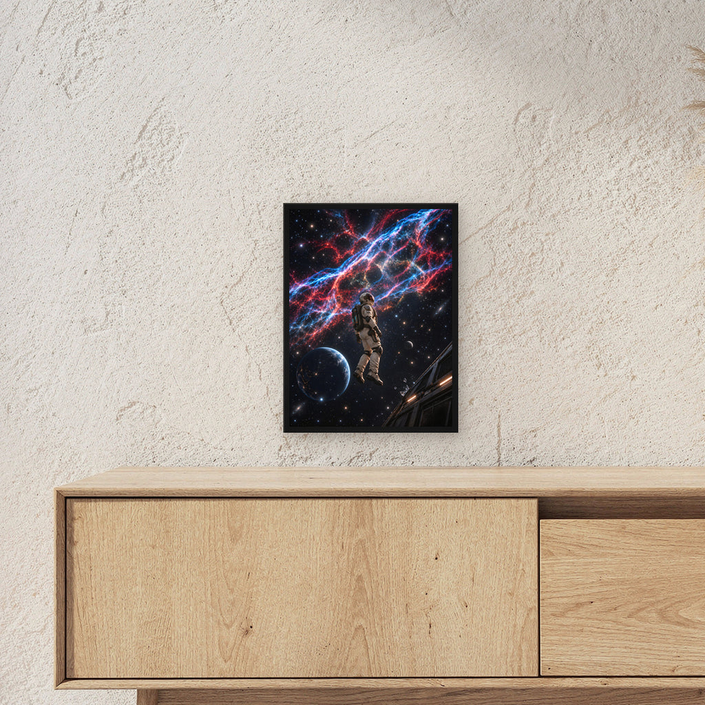 Im Schleiernebel – Astronaut unter blau-roten Nebelfäden neben einem Planeten, im schwarzen Holzrahmen, über einem Sideboard, Größenansicht im Raum
