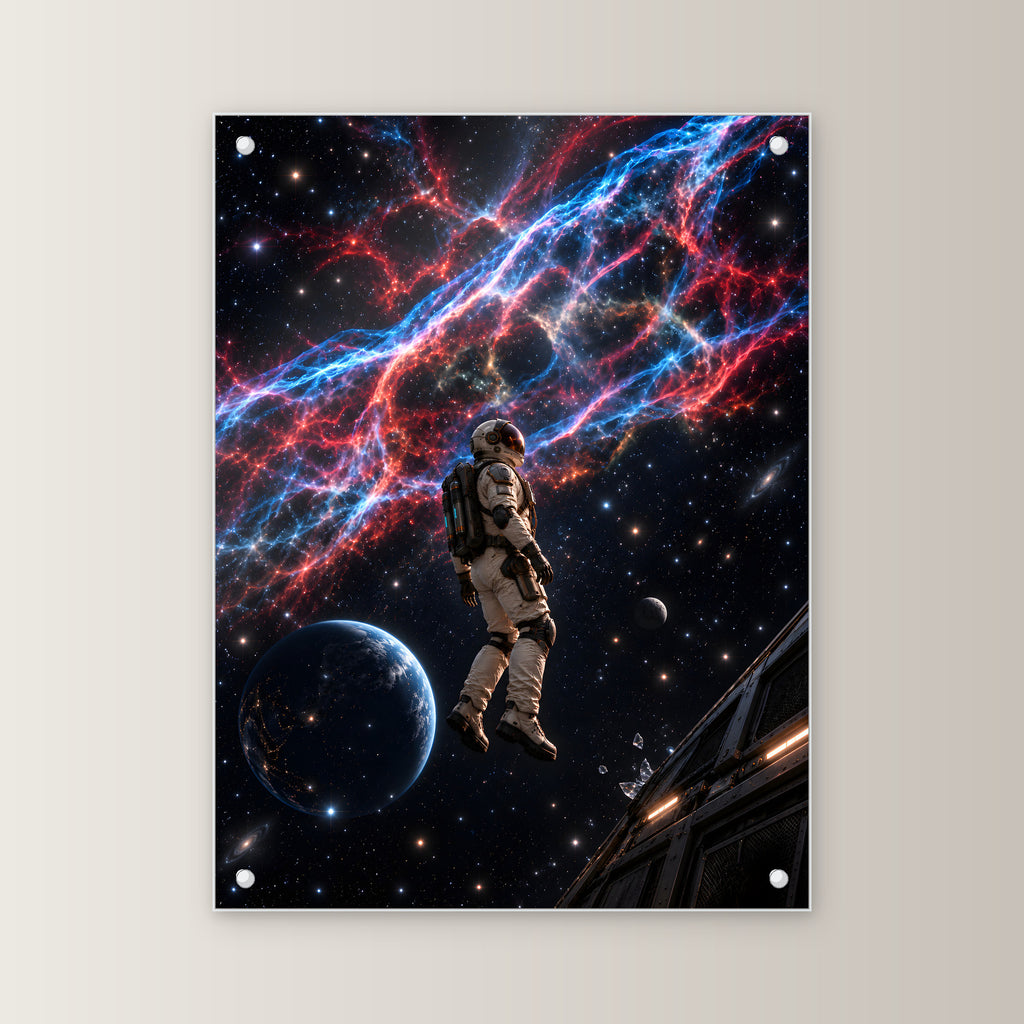 Im Schleiernebel – Astronaut unter blau-roten Nebelfäden neben einem Planeten, auf Acrylglas mit vier Abstandshaltern, gerade von vorn an heller Wand