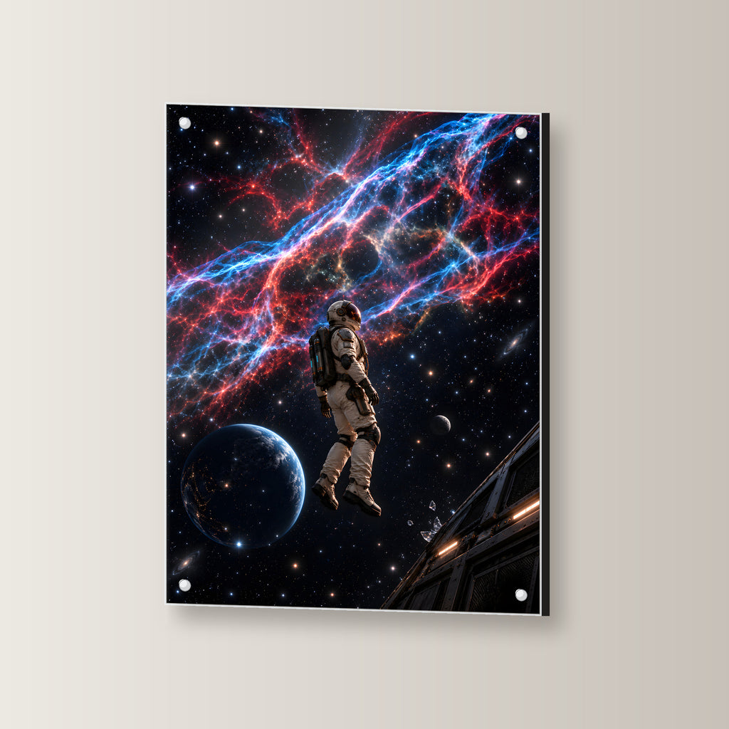 Im Schleiernebel – Astronaut unter blau-roten Nebelfäden neben einem Planeten, auf Acrylglas mit vier Abstandshaltern, leicht gedreht an der Wand