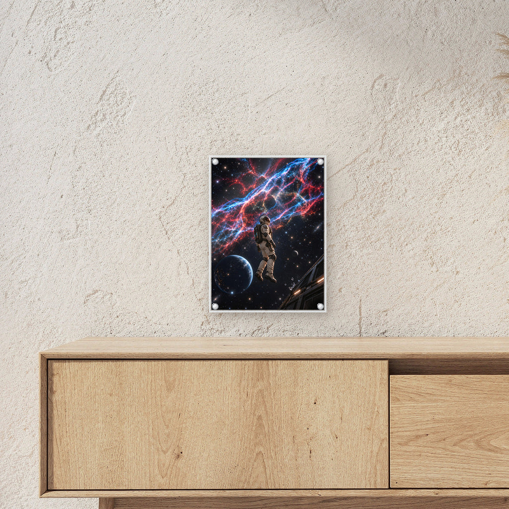 Im Schleiernebel – Astronaut unter blau-roten Nebelfäden neben einem Planeten, auf Acrylglas mit vier Abstandshaltern, über einem Sideboard, Größenansicht im Raum