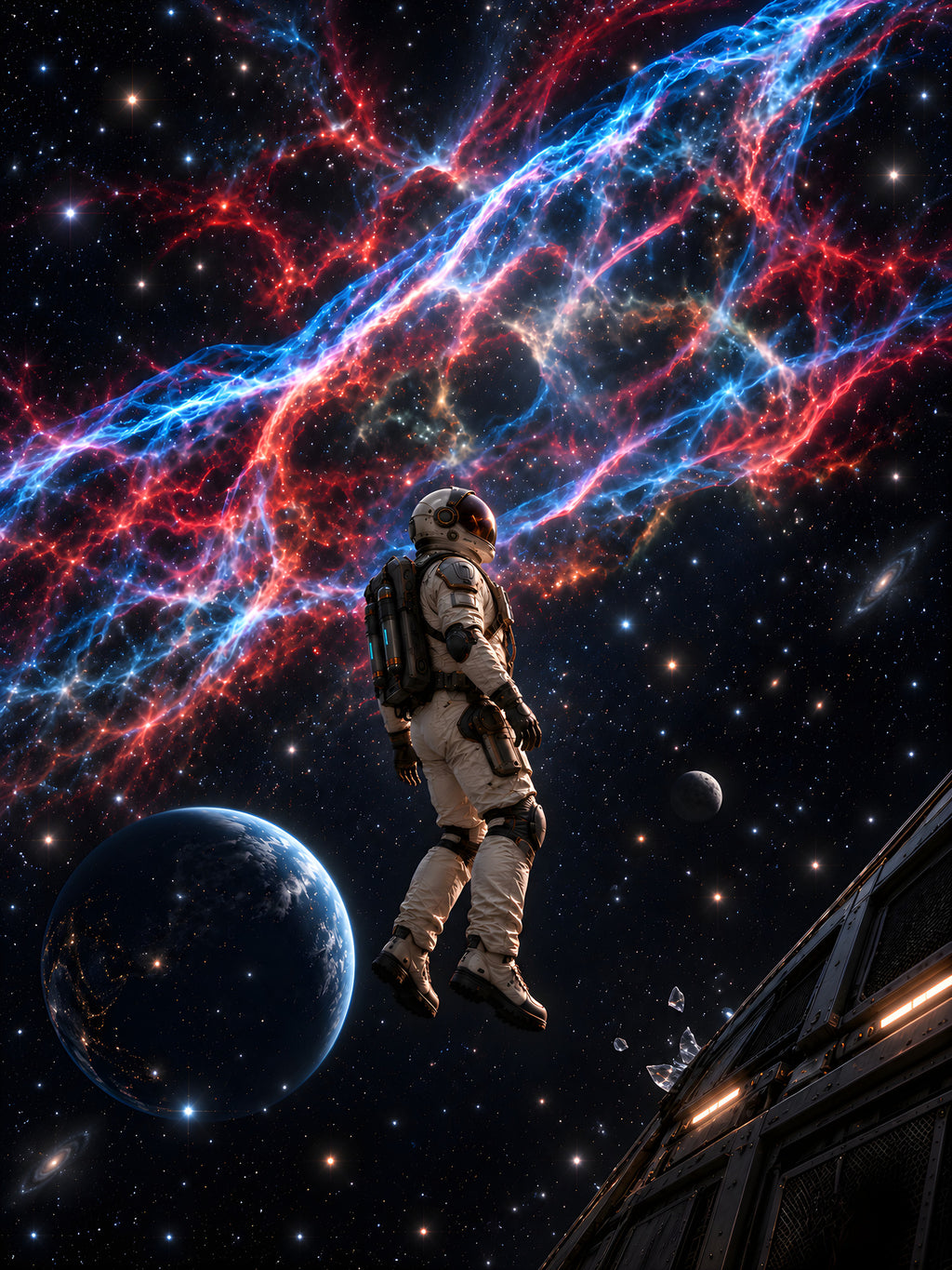 Im Schleiernebel – Astronaut unter blau-roten Nebelfäden neben einem Planeten, vollständiges Motiv