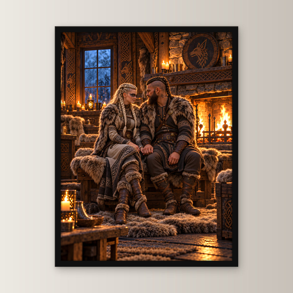 Der Kaminabend – Wikingerpaar Hand in Hand am Kamin, im schwarzen Holzrahmen, gerade von vorn an heller Wand