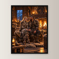 Der Kaminabend – Wikingerpaar Hand in Hand am Kamin, im schwarzen Holzrahmen, gerade von vorn an heller Wand