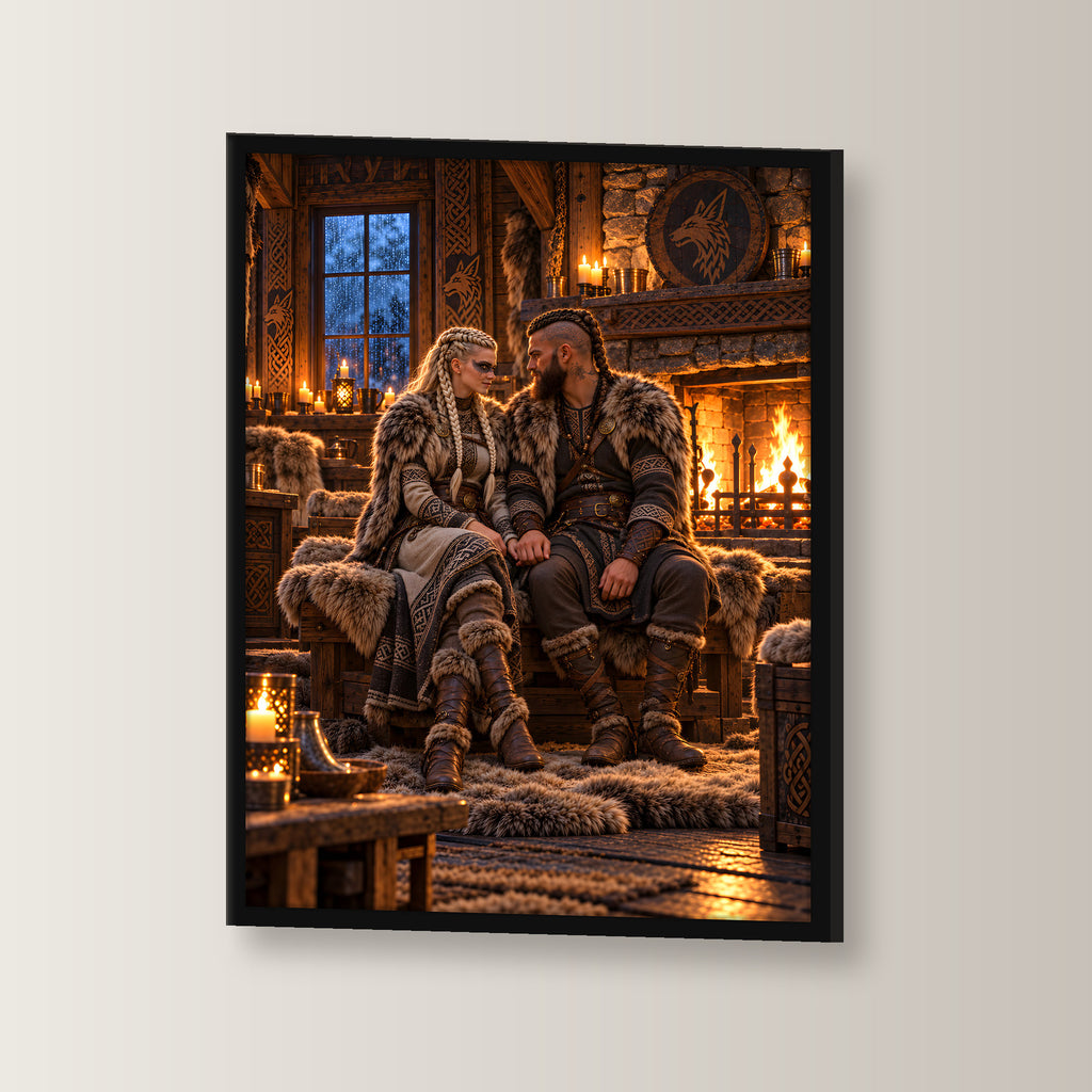 Der Kaminabend – Wikingerpaar Hand in Hand am Kamin, im schwarzen Holzrahmen, leicht gedreht an der Wand