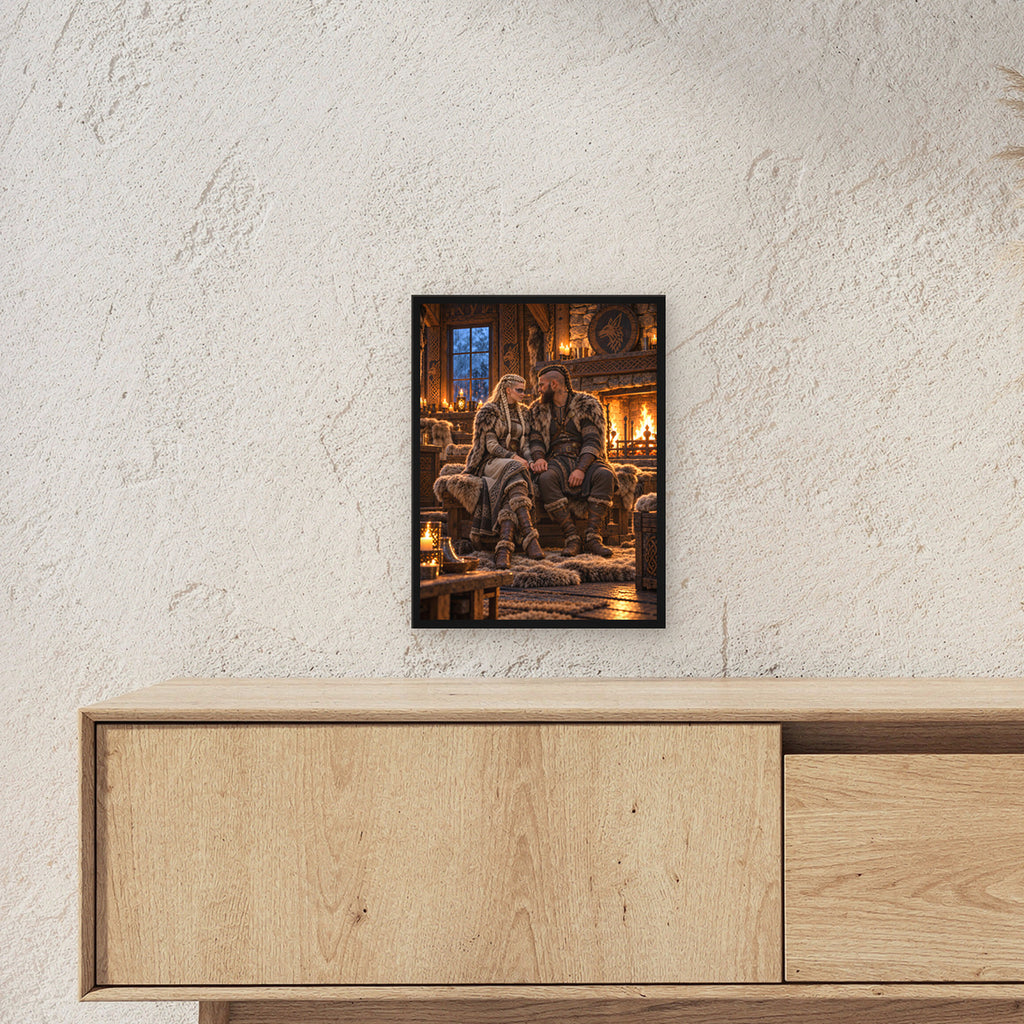 Der Kaminabend – Wikingerpaar Hand in Hand am Kamin, im schwarzen Holzrahmen, über einem Sideboard, zeigt die Größe im Raum