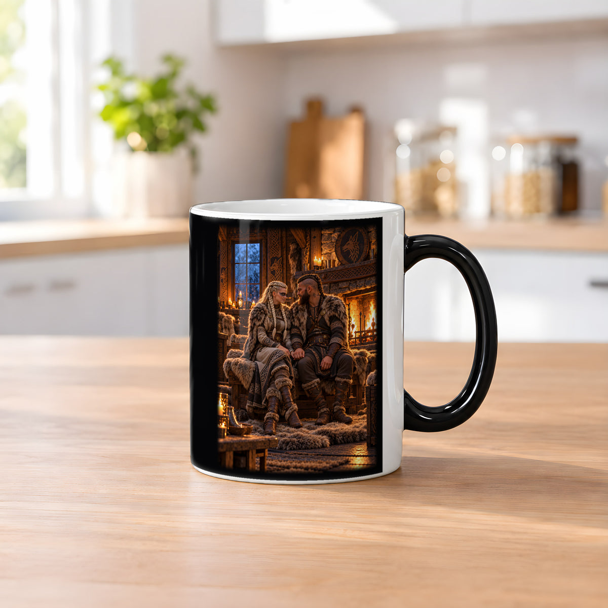 Der Kaminabend – Wikingerpaar Hand in Hand am Kamin, Black Edition (Zaubertasse), auf einem Küchentresen