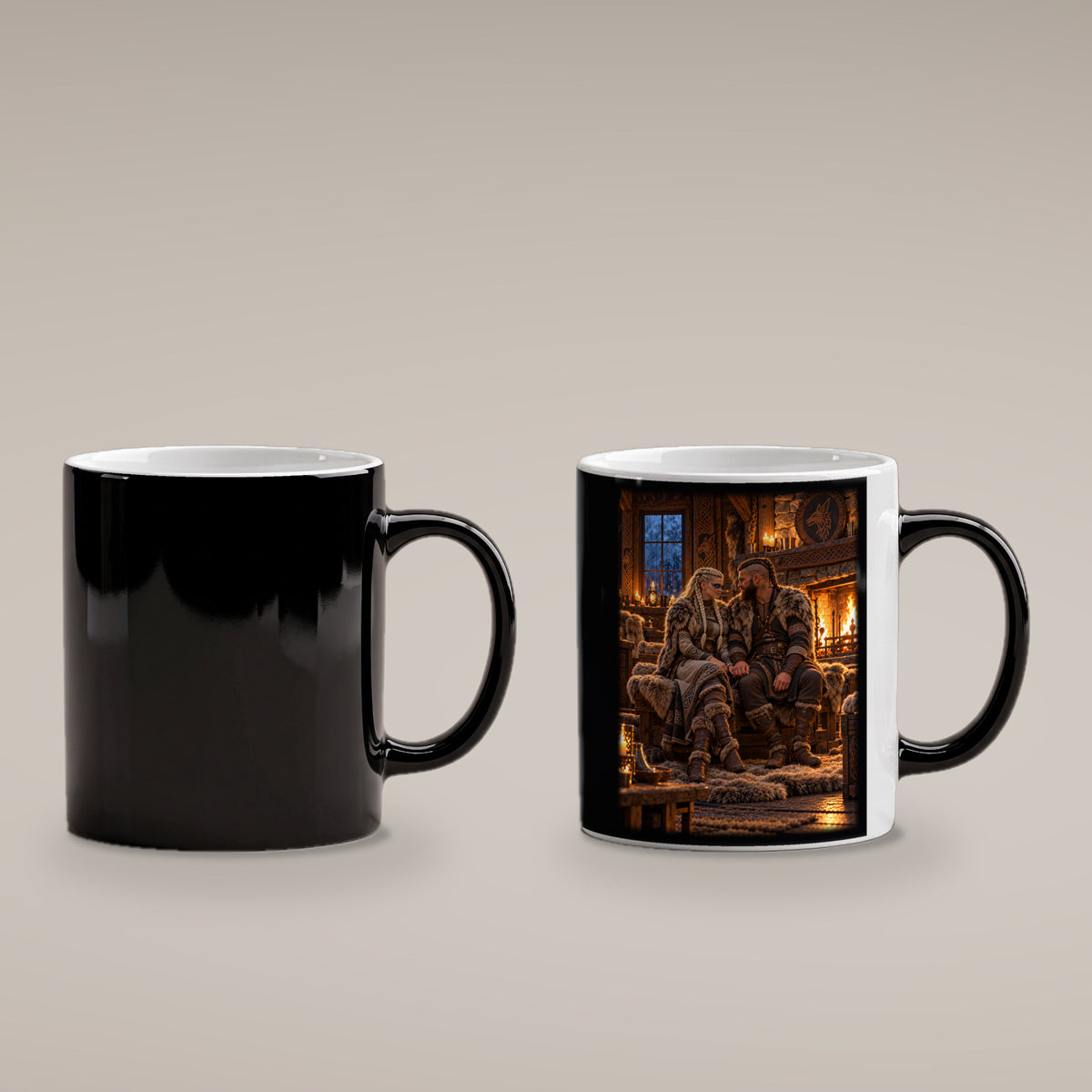 Der Kaminabend – Wikingerpaar Hand in Hand am Kamin, Black Edition (Zaubertasse), kalt schwarz und heiß mit sichtbarem Motiv