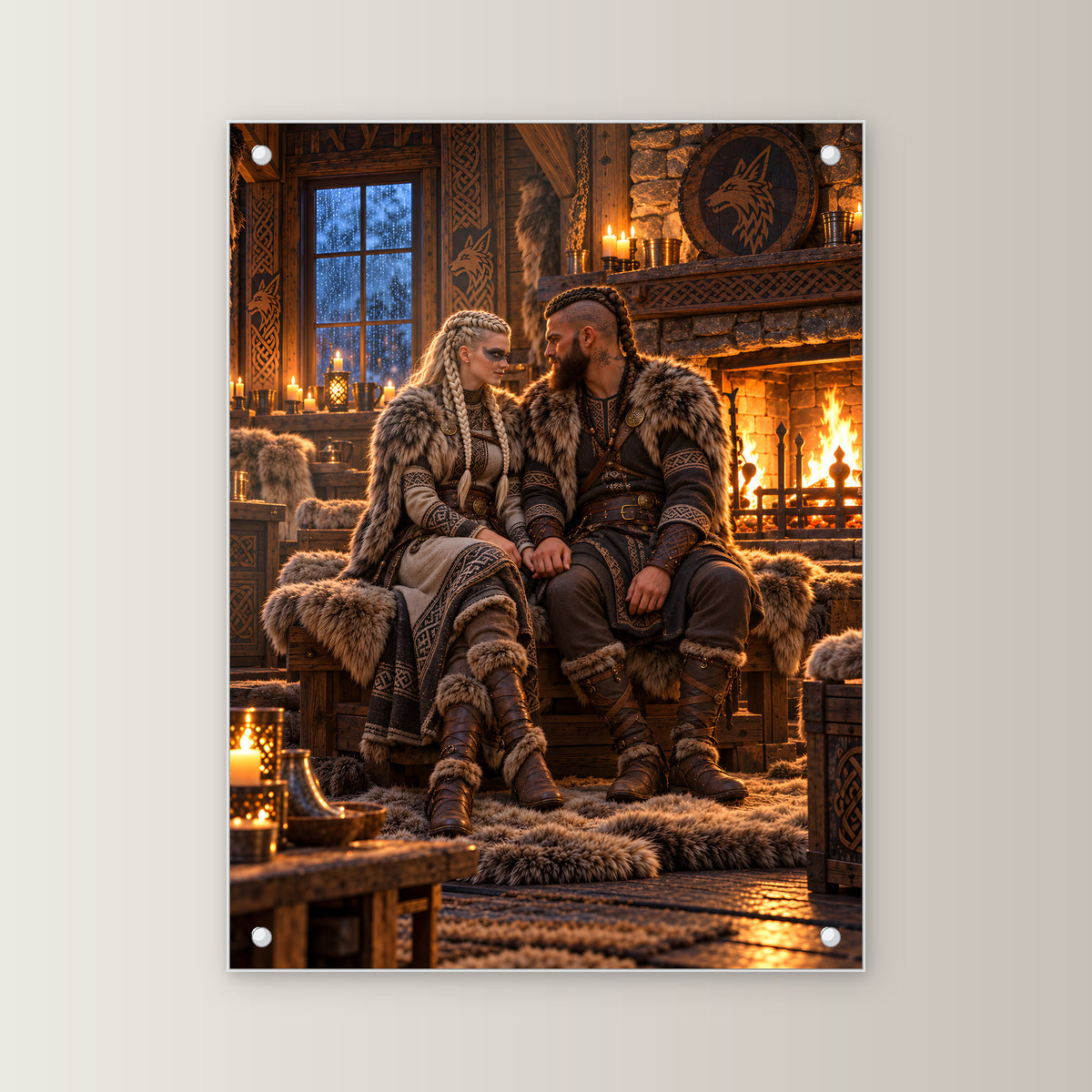 Der Kaminabend – Wikingerpaar Hand in Hand am Kamin, auf Acrylglas mit vier Abstandshaltern, gerade von vorn an heller Wand