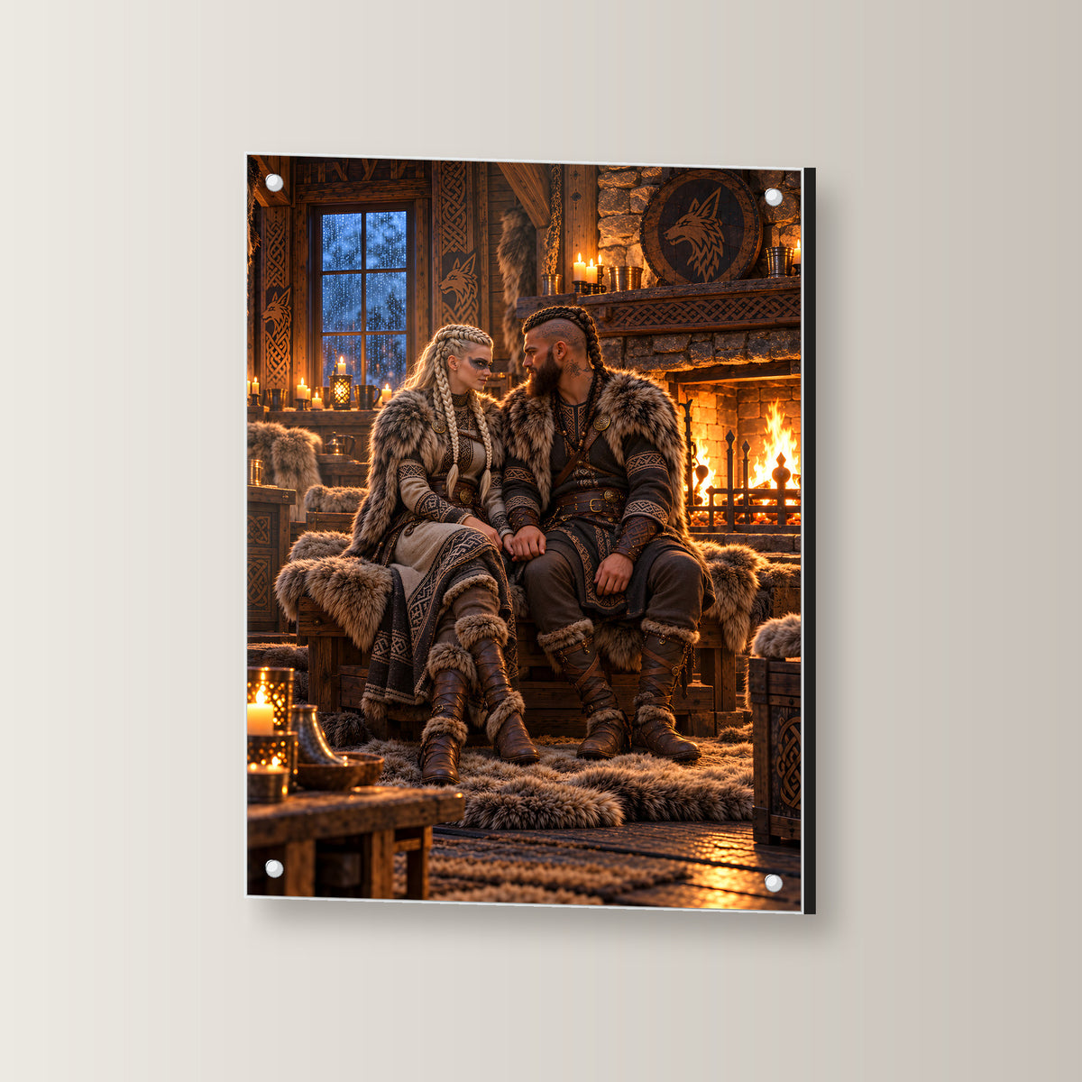 Der Kaminabend – Wikingerpaar Hand in Hand am Kamin, auf Acrylglas mit vier Abstandshaltern, leicht gedreht an der Wand