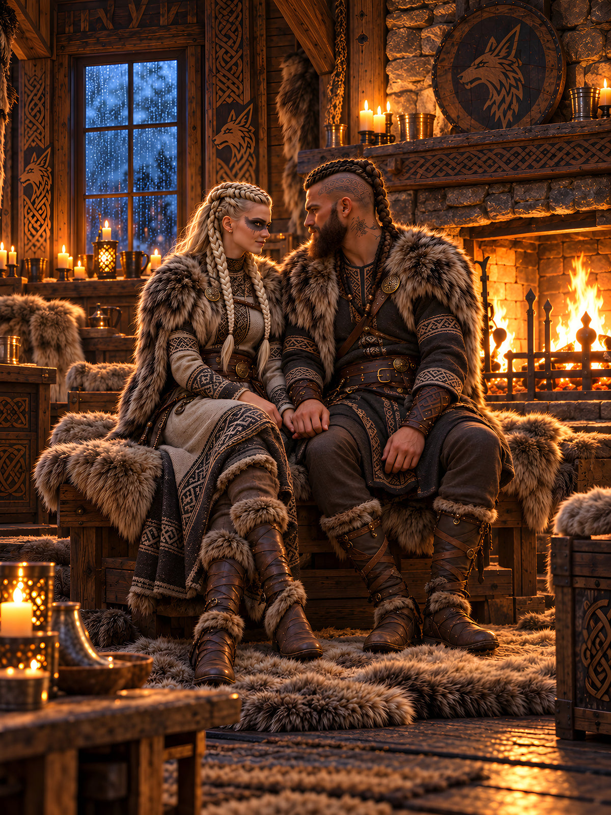 Der Kaminabend – Wikingerpaar Hand in Hand am Kamin, vollständiges Motiv