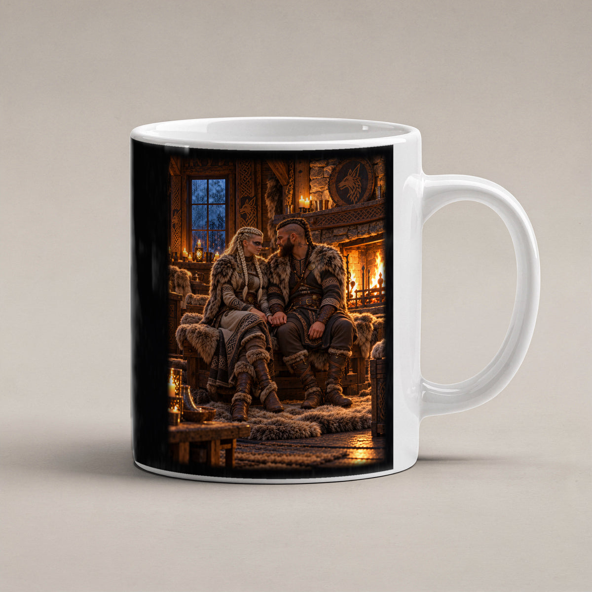 Der Kaminabend – Wikingerpaar Hand in Hand am Kamin, Tasse Weiß, freigestellte Produktansicht