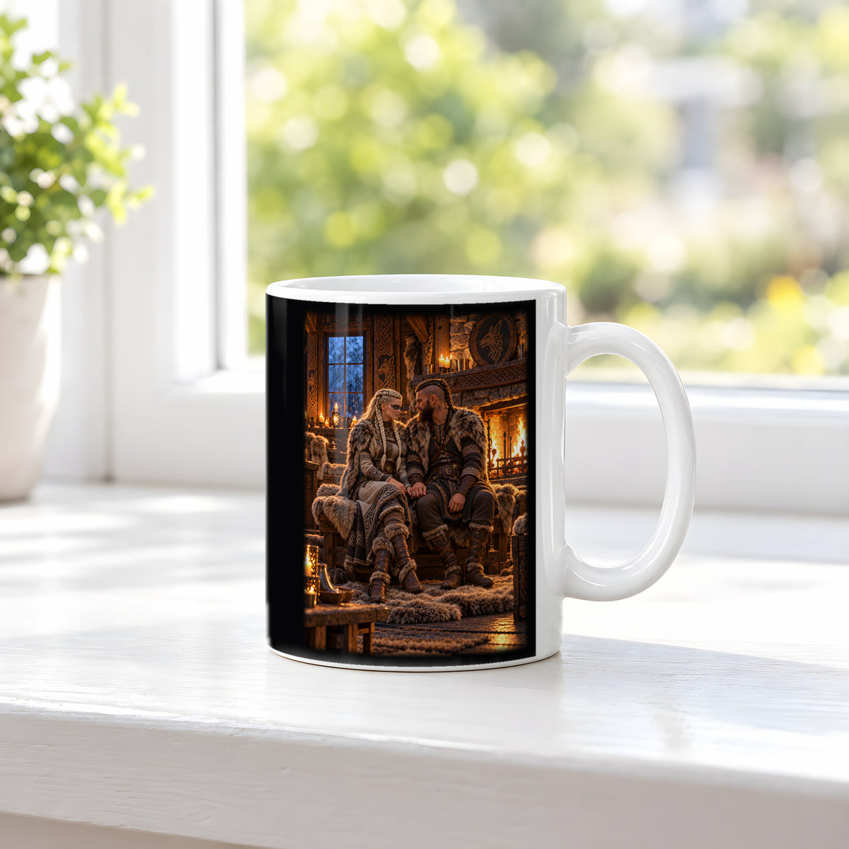 Der Kaminabend – Wikingerpaar Hand in Hand am Kamin, Tasse Weiß, auf einer Fensterbank
