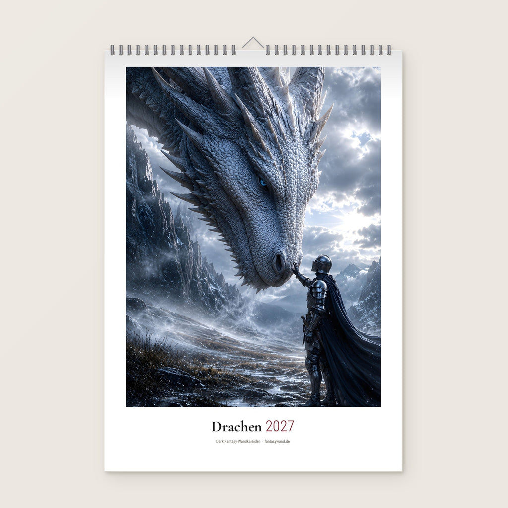 Drachen Kalender 2027 – Deckblatt, Wandkalender mit Drahtbindung und Aufhänger an heller Wand