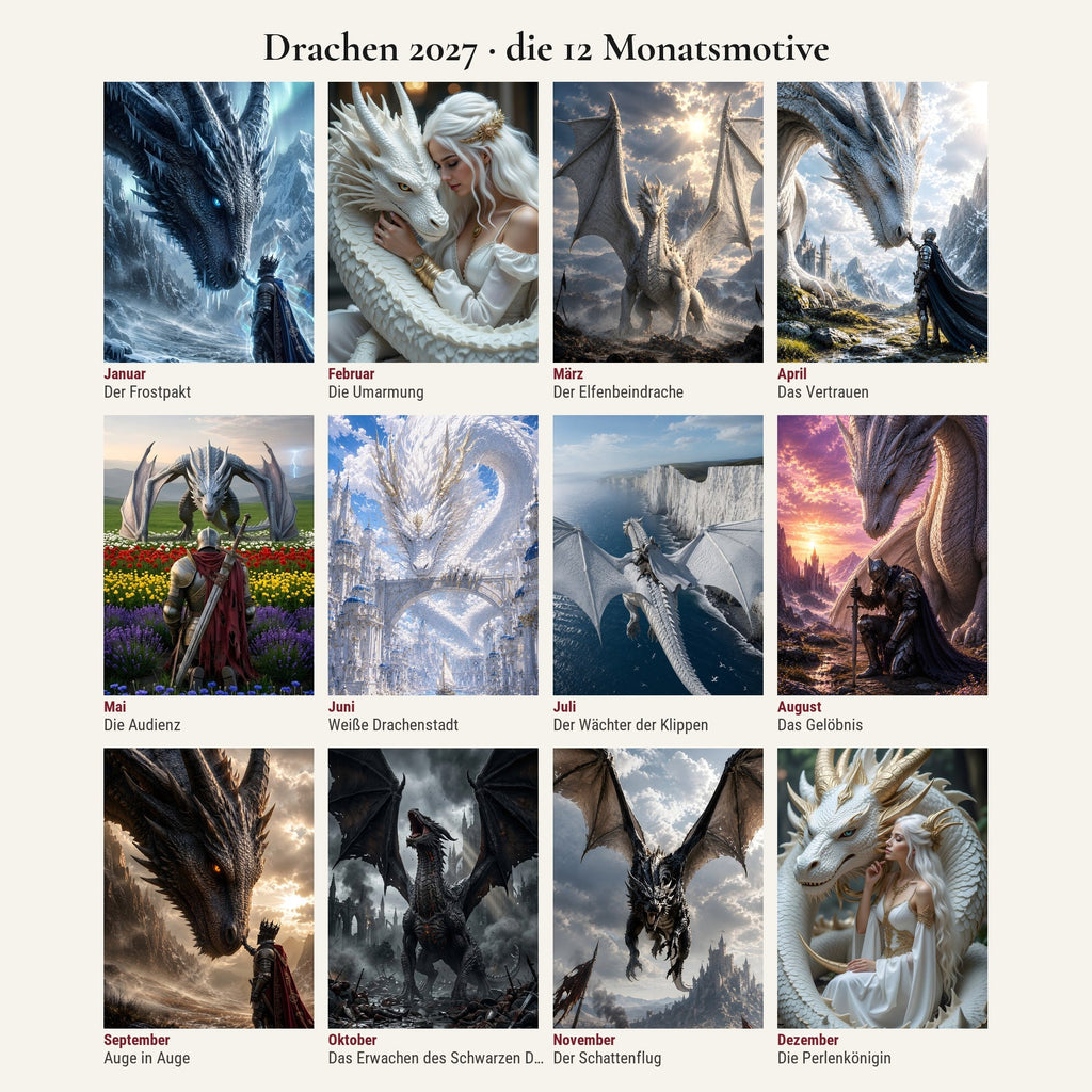 Drachen Kalender 2027 – alle 12 Monatsmotive in der Übersicht