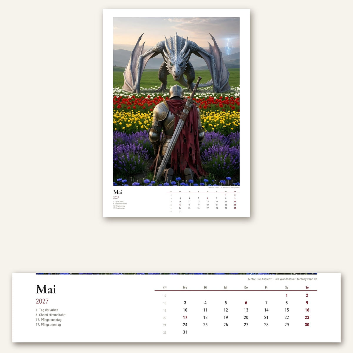 Drachen Kalender 2027 – Mai-Seite mit Monatsraster, Kalenderwochen und Feiertagen in Nahaufnahme
